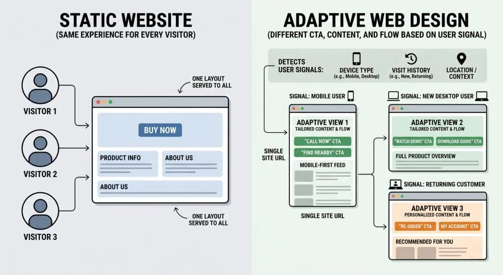 Diagram comparing a static small business website with an AI-adaptive web design, showing how personalized content and CTAs are served to different visitors based on behavior and traffic source