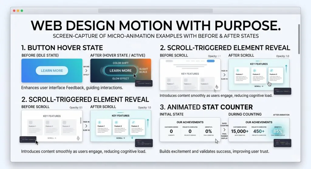 Web design micro-animation examples for small business websites showing a button hover state, scroll-triggered fade-in element, and animated stat counter illustrating purposeful motion in 2026 web design