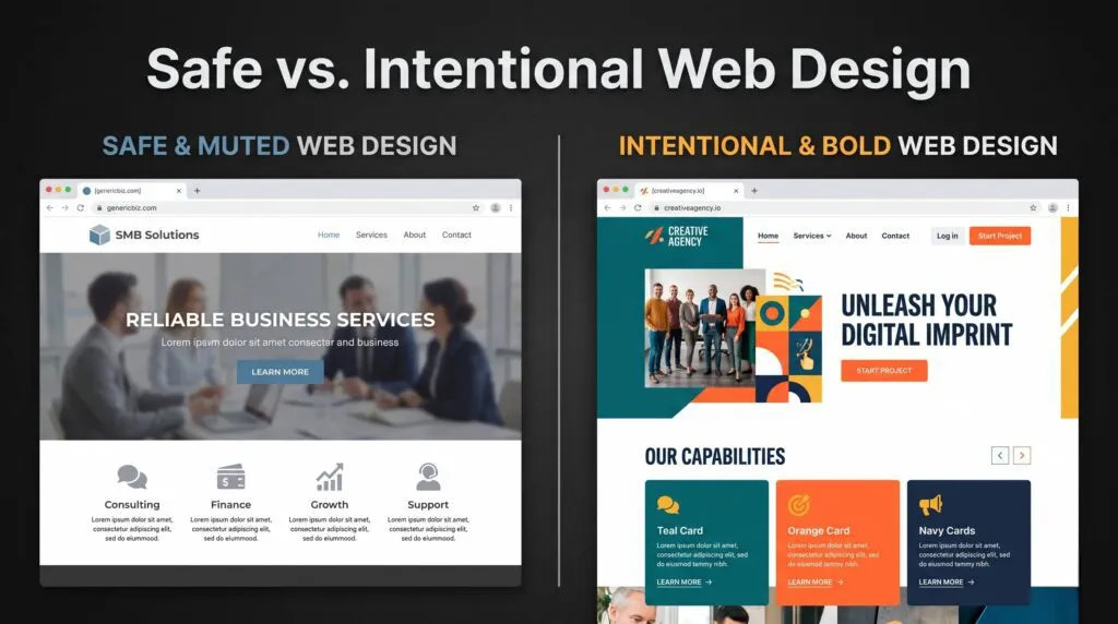 Side-by-side comparison of a generic muted small business website versus a bold intentional dopamine color web design, illustrating the 2026 web design trend of saturated brand-driven color palettes