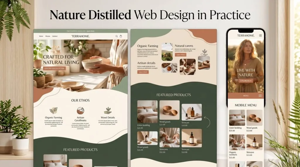 Side-by-side example of the nature distilled 2026 web design trend featuring an earthy color palette, organic layout, and warm natural photography