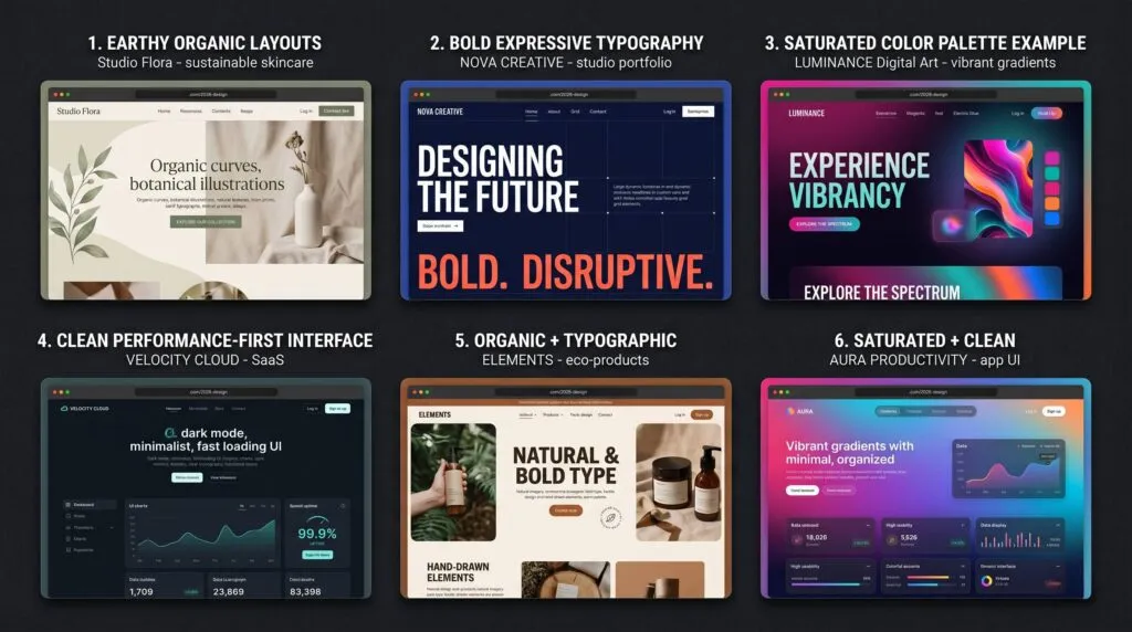 A mood board collage showcasing eight 2026 web design trends including organic layouts, expressive typography, dopamine color palettes, and performance-first interfaces for small business websites
