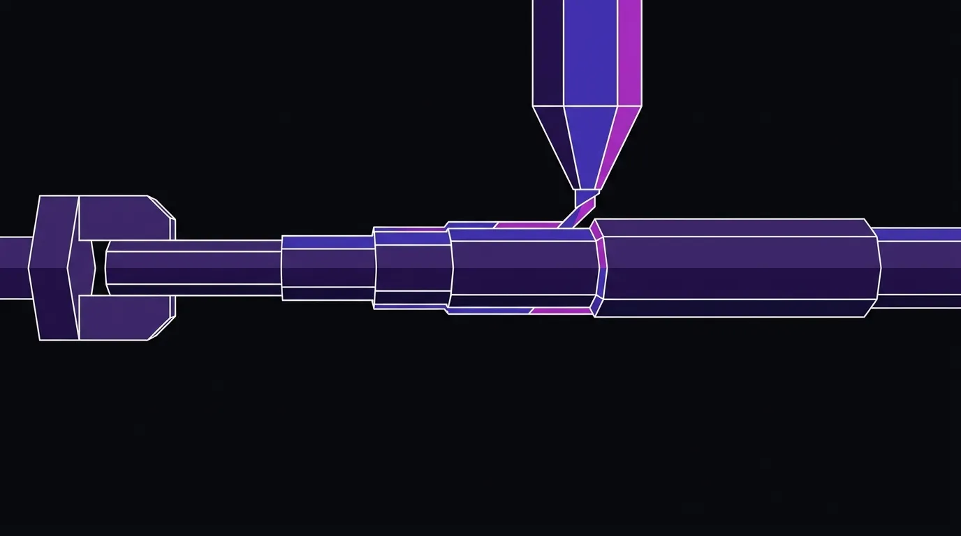Flat vector illustration of a catheter shaft being 3D printed with a rotating fixture and extruder nozzle, angular facets on dark background