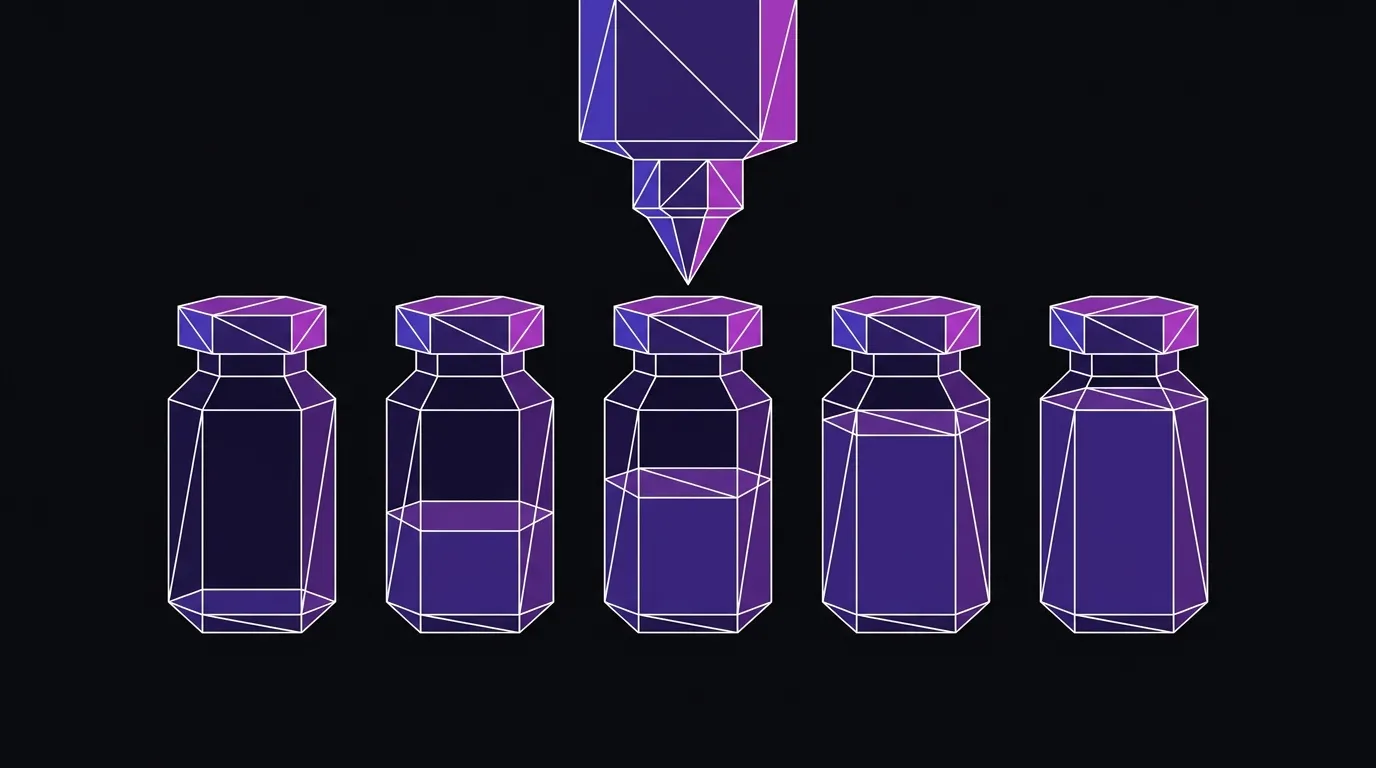 Flat vector illustration of a 3D printing nozzle depositing into a row of individual medicine vials, angular facets on dark background