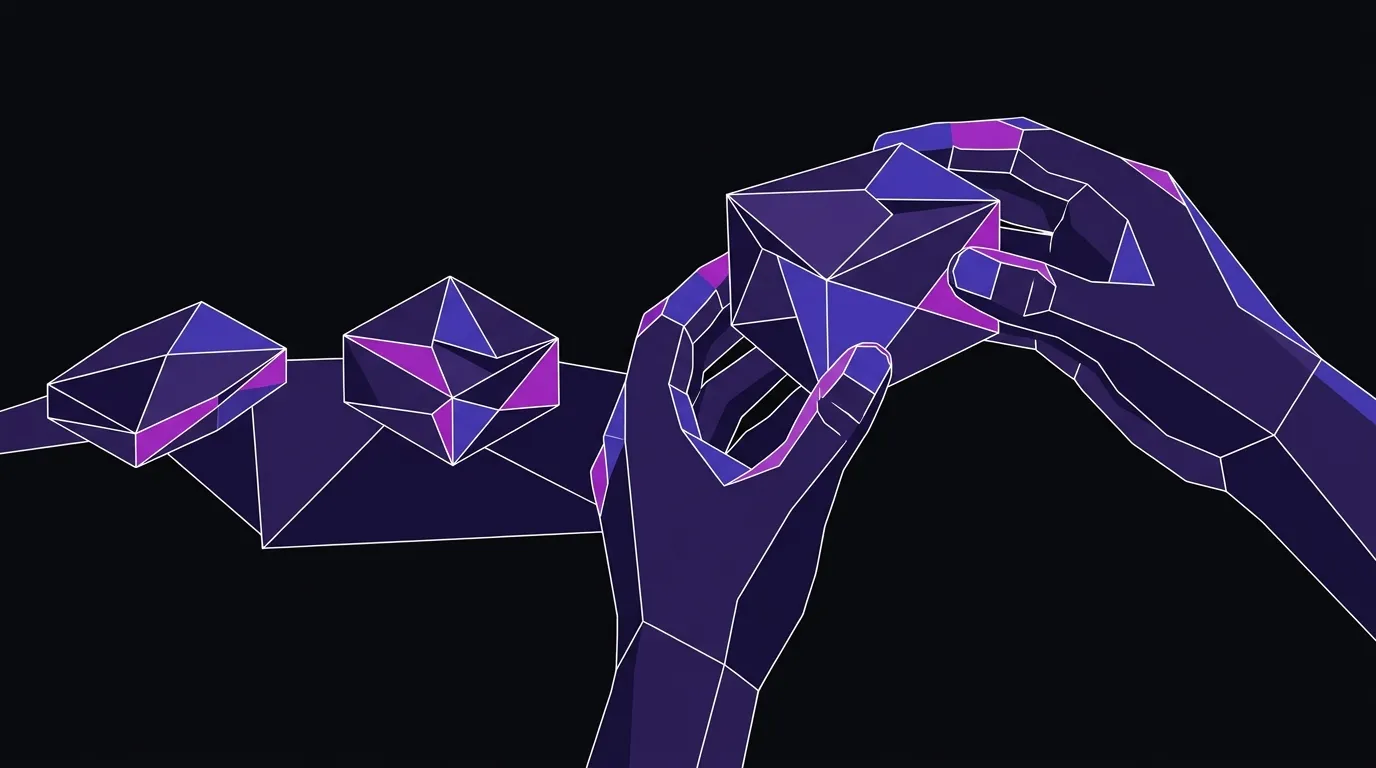 Flat vector illustration of hands examining a product prototype alongside two earlier design iterations, angular facets on dark background