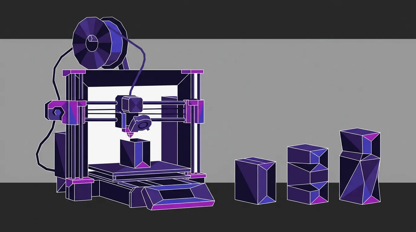 Flat vector illustration of an FDM 3D printer producing three custom product variants side by side, angular facets on dark background