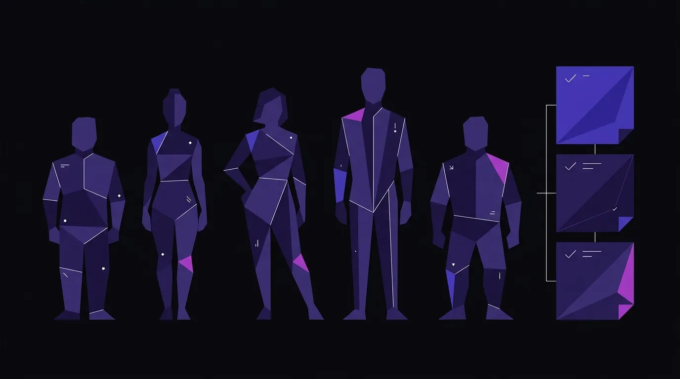 Five angular geometric human silhouettes in deep purple beside a stacked checklist of workflow panels, connected by thin white hairlines