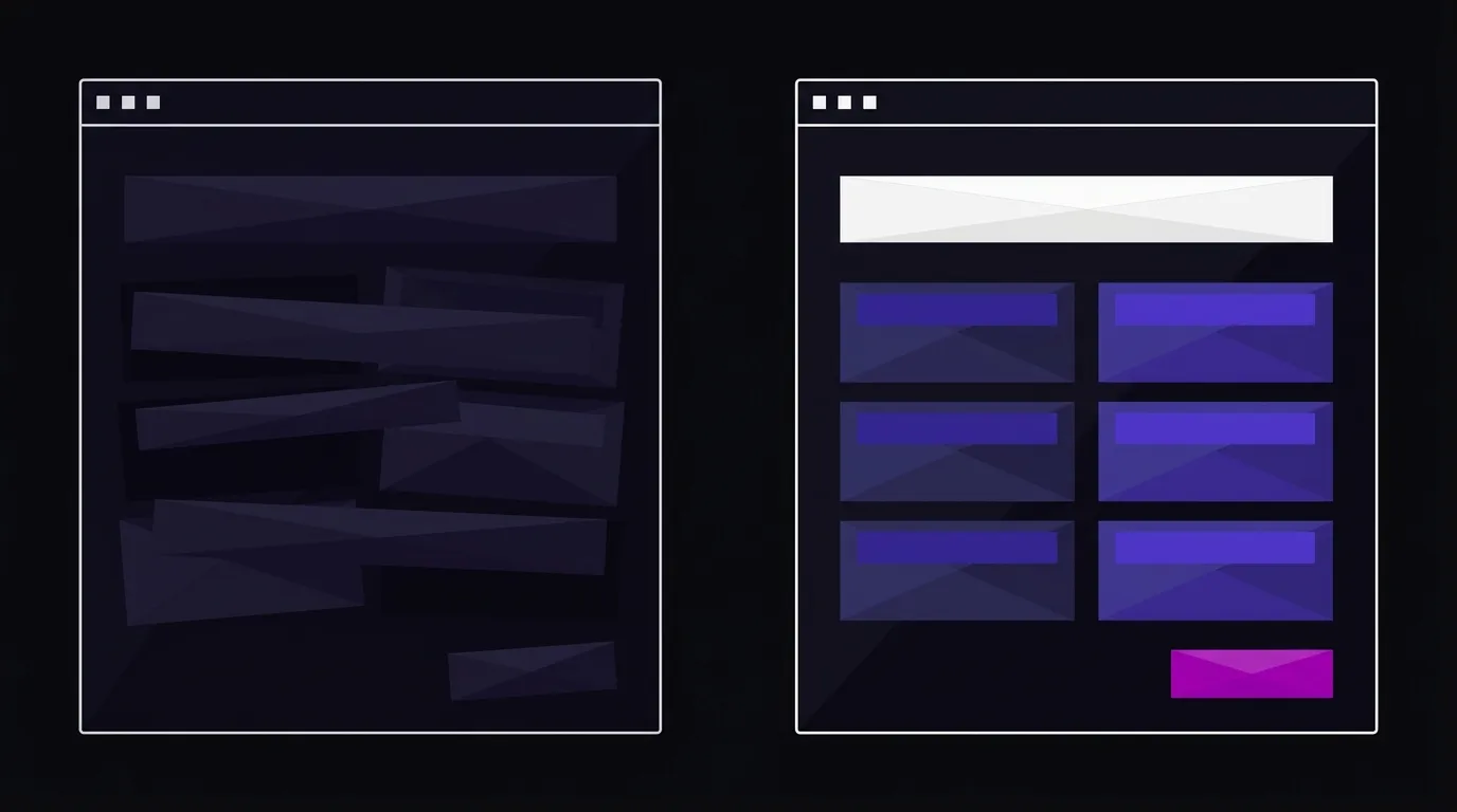 Angular wireframe layout grid in deep purple beside two contrasting faceted slabs with a bright paper-white seam illustrating contrast ratio