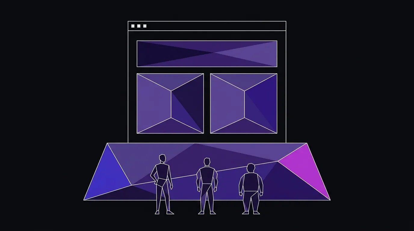 Angular folded-paper illustration of a broad structural foundation slab supporting a grid of diverse faceted panels in deep purple tones