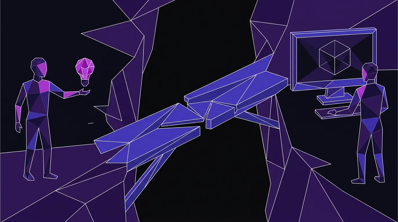 Flat vector illustration of two figures separated by a gap, with an indigo bridge forming between an idea and a CAD screen