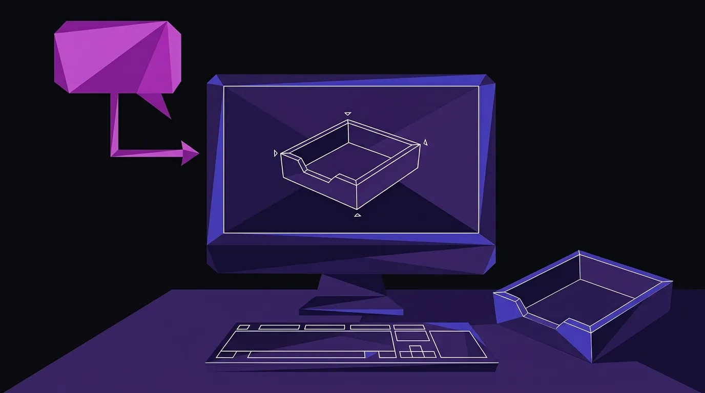 Flat vector illustration of a monitor displaying a 3D model wireframe with a matching physical prototype object beside it