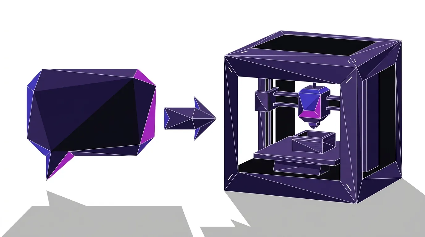Flat vector illustration of a text prompt dialog box pointing toward an FDM 3D printer producing a prototype, in deep purple and near-black