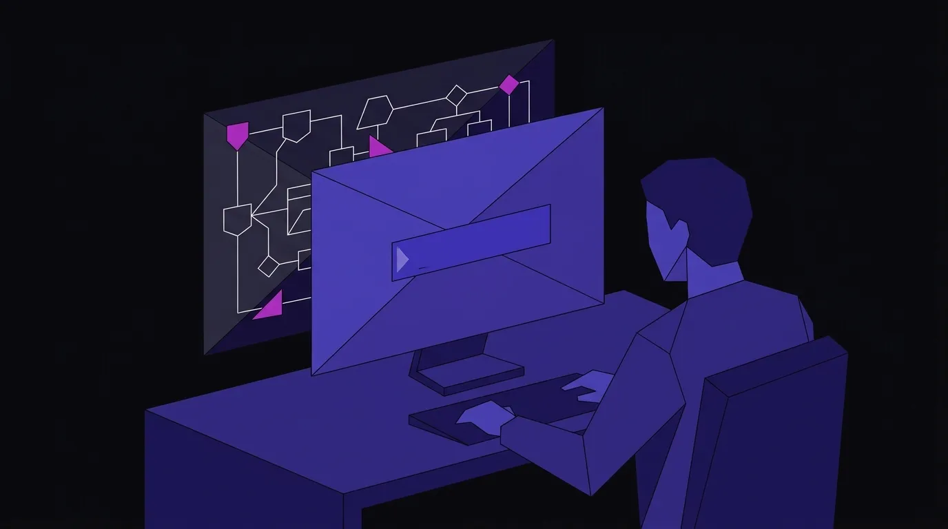 Faceted illustration of a designer at a monitor showing a minimal interface in front and a complex invisible system architecture behind it