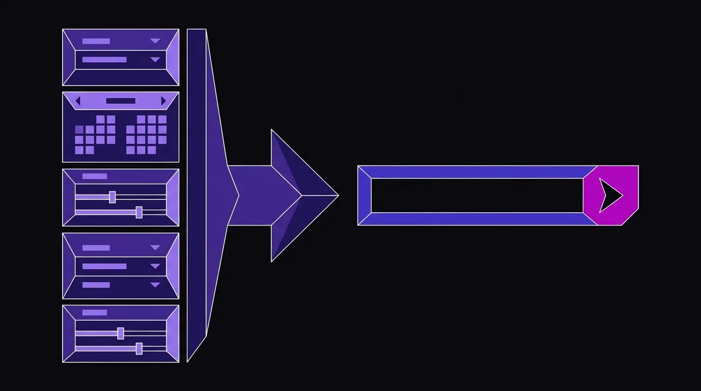 Faceted illustration contrasting a tall stack of UI controls on the left with a single clean intent input bar on the right, connected by an arrow