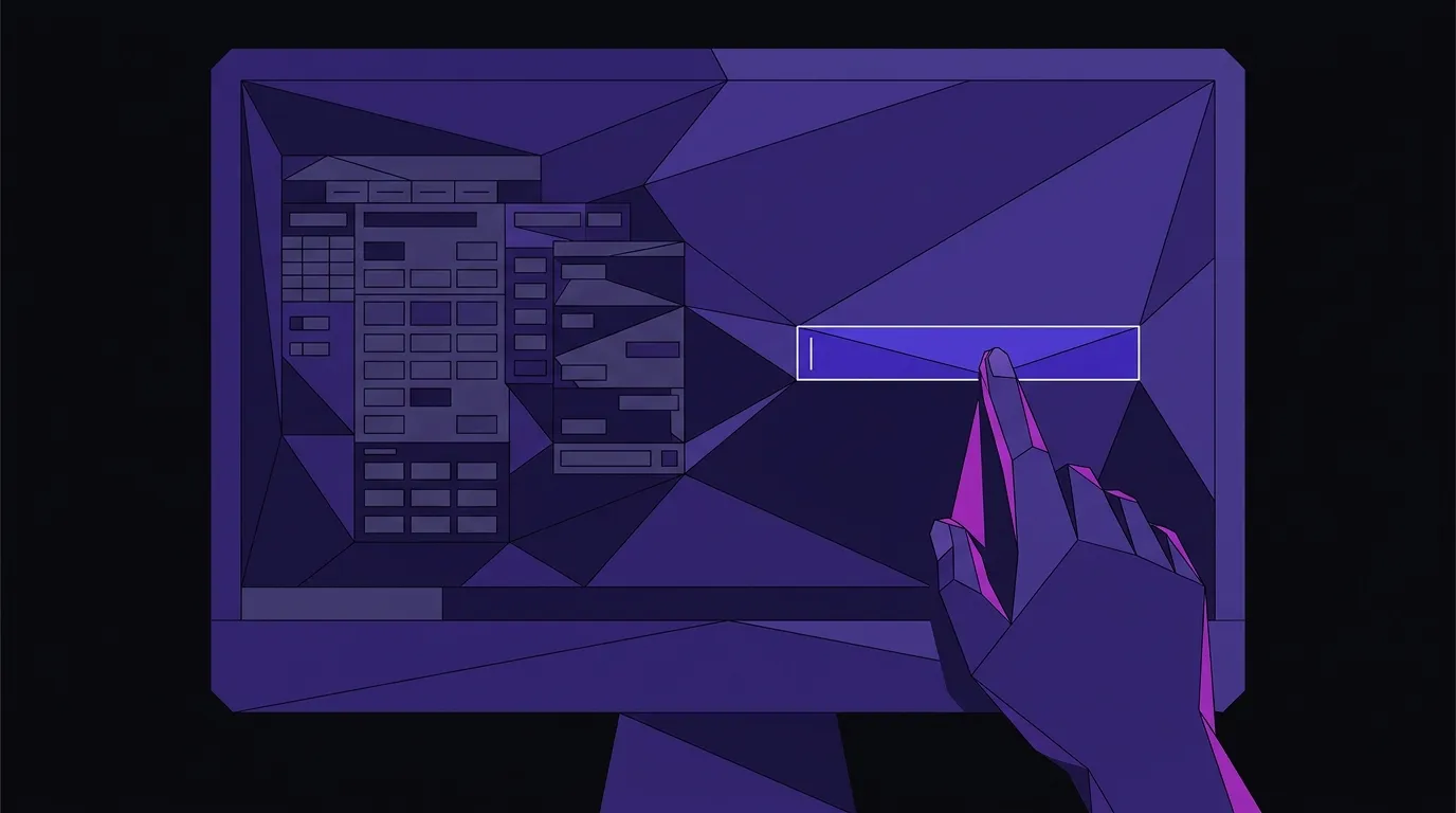 Faceted illustration of a monitor showing a complex button-filled interface transforming into a single AI prompt bar, with a hand reaching toward it