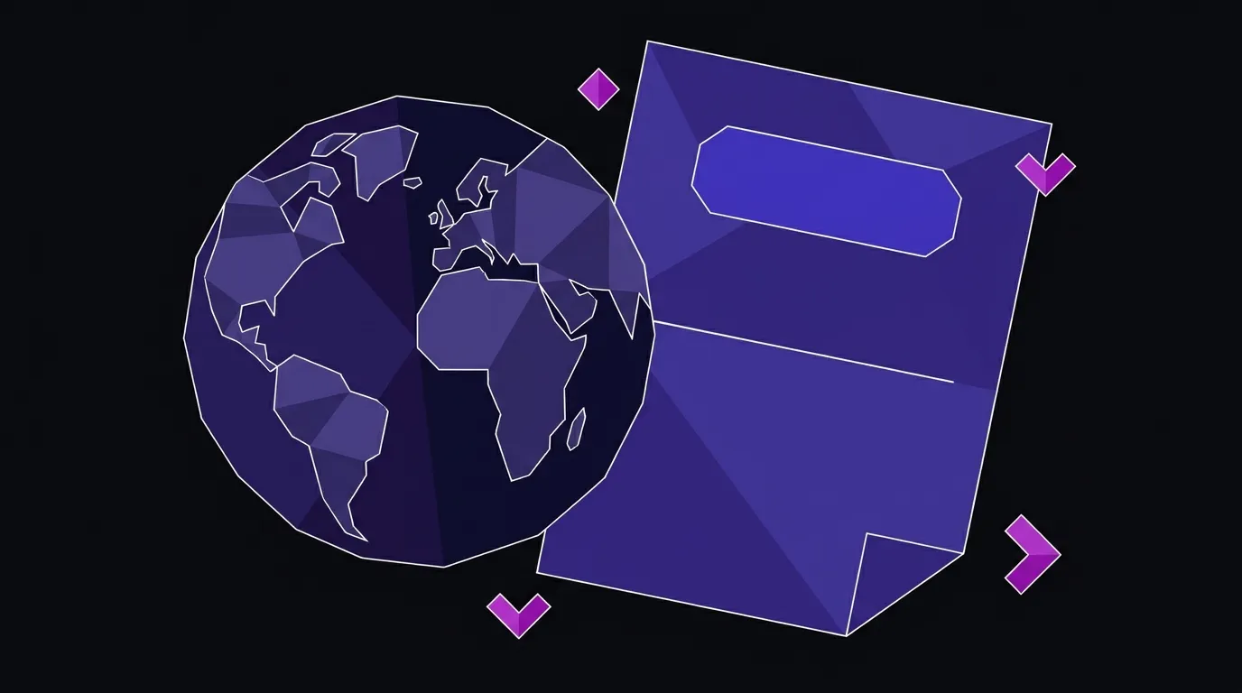 Faceted globe overlapping a document with a highlighted AI disclosure label badge