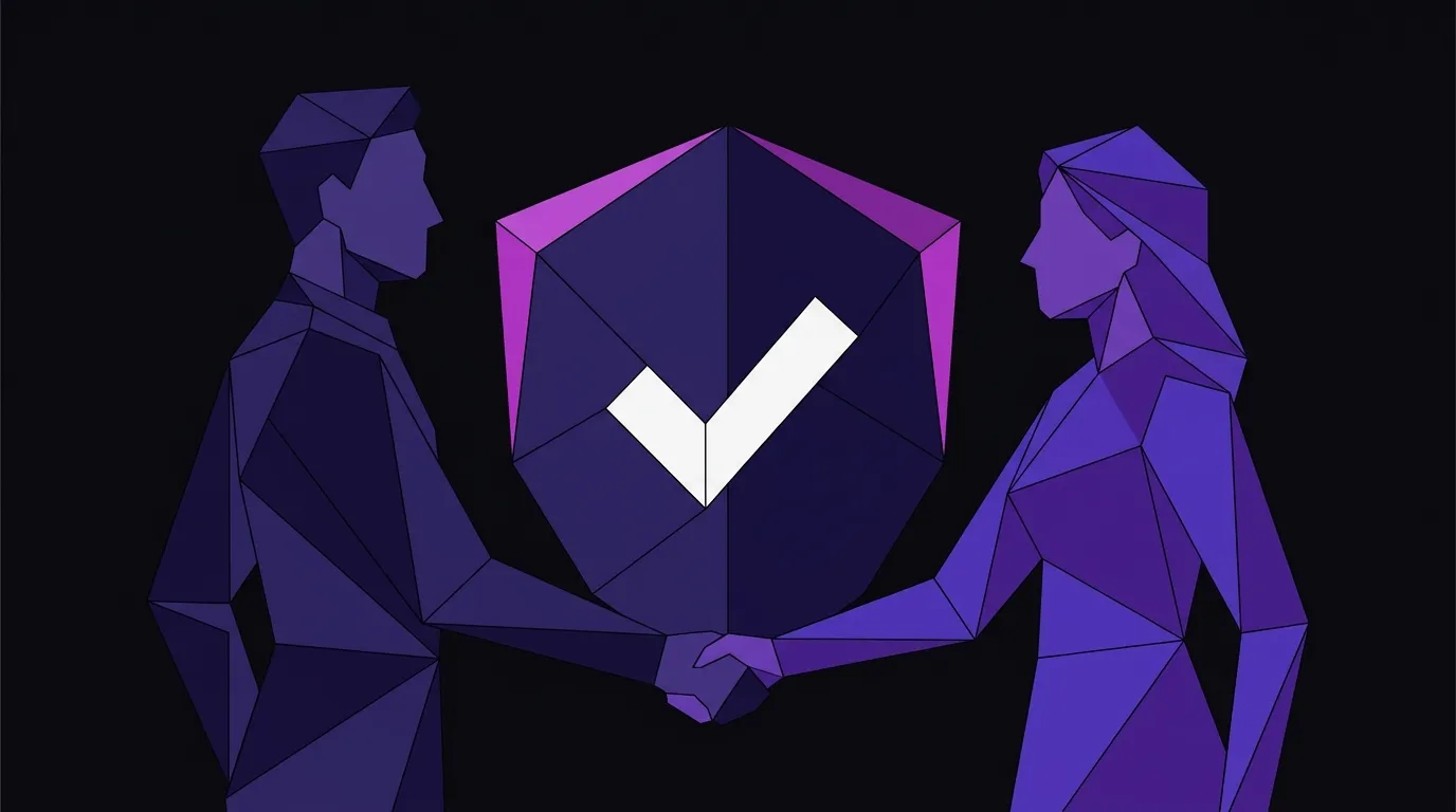 Two angular faceted figures flanking a shield with a checkmark, representing brand transparency and consumer trust