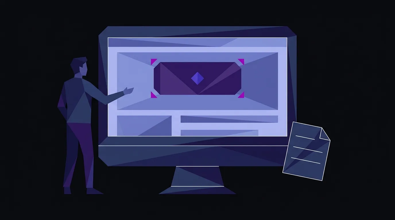 Angular faceted illustration of a monitor displaying an AI label badge, a human figure, and a checklist document