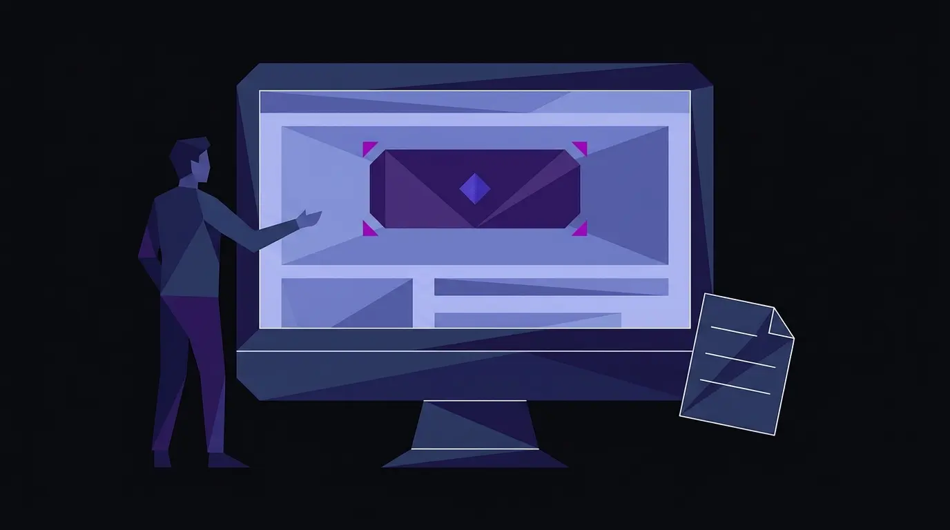 Angular faceted illustration of a monitor displaying an AI label badge, a human figure, and a checklist document