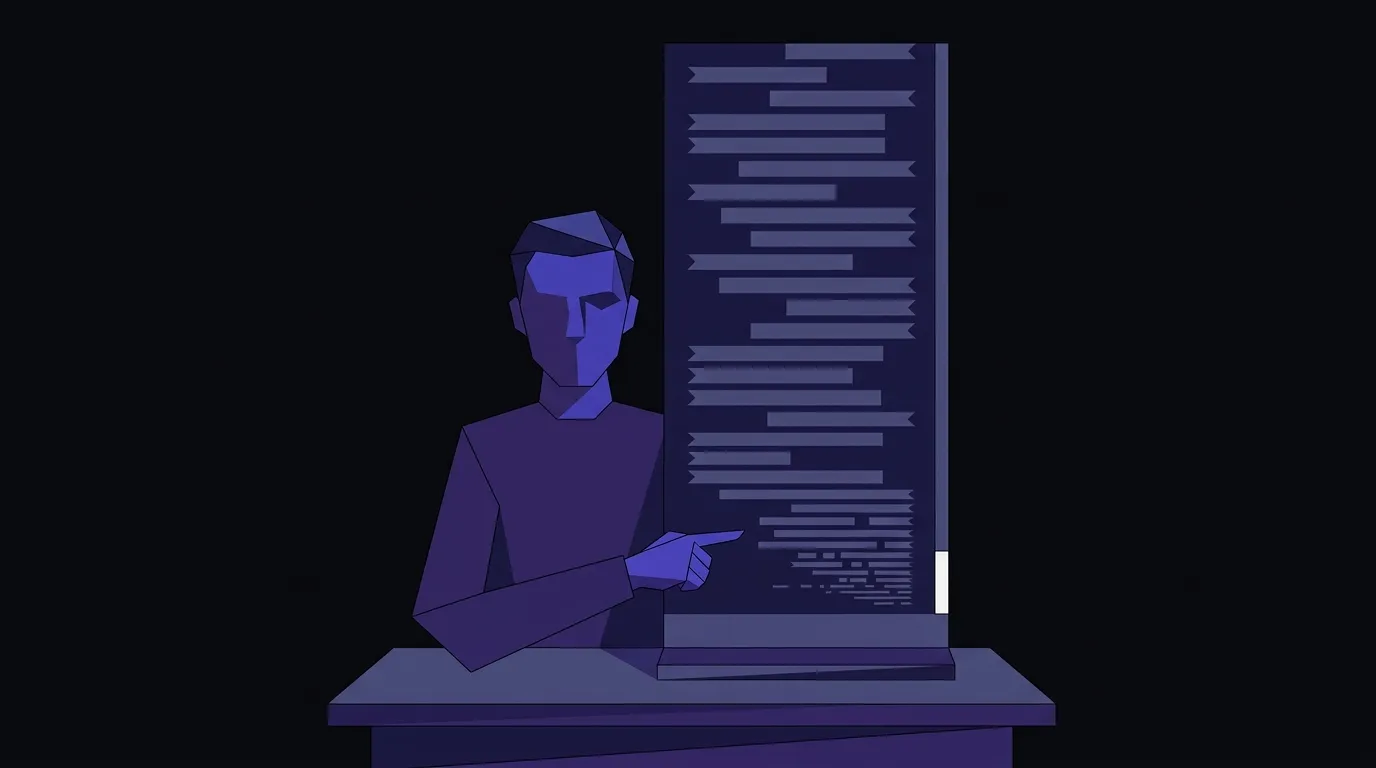 Angular facet figure pointing at a tall chat interface filled with dense conversation bars, a tiny scrollbar at the edge