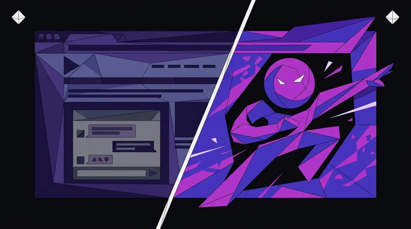 Two browser interfaces side by side: a plain chat box on the left, a character-driven AI interface on the right, built from angular facets