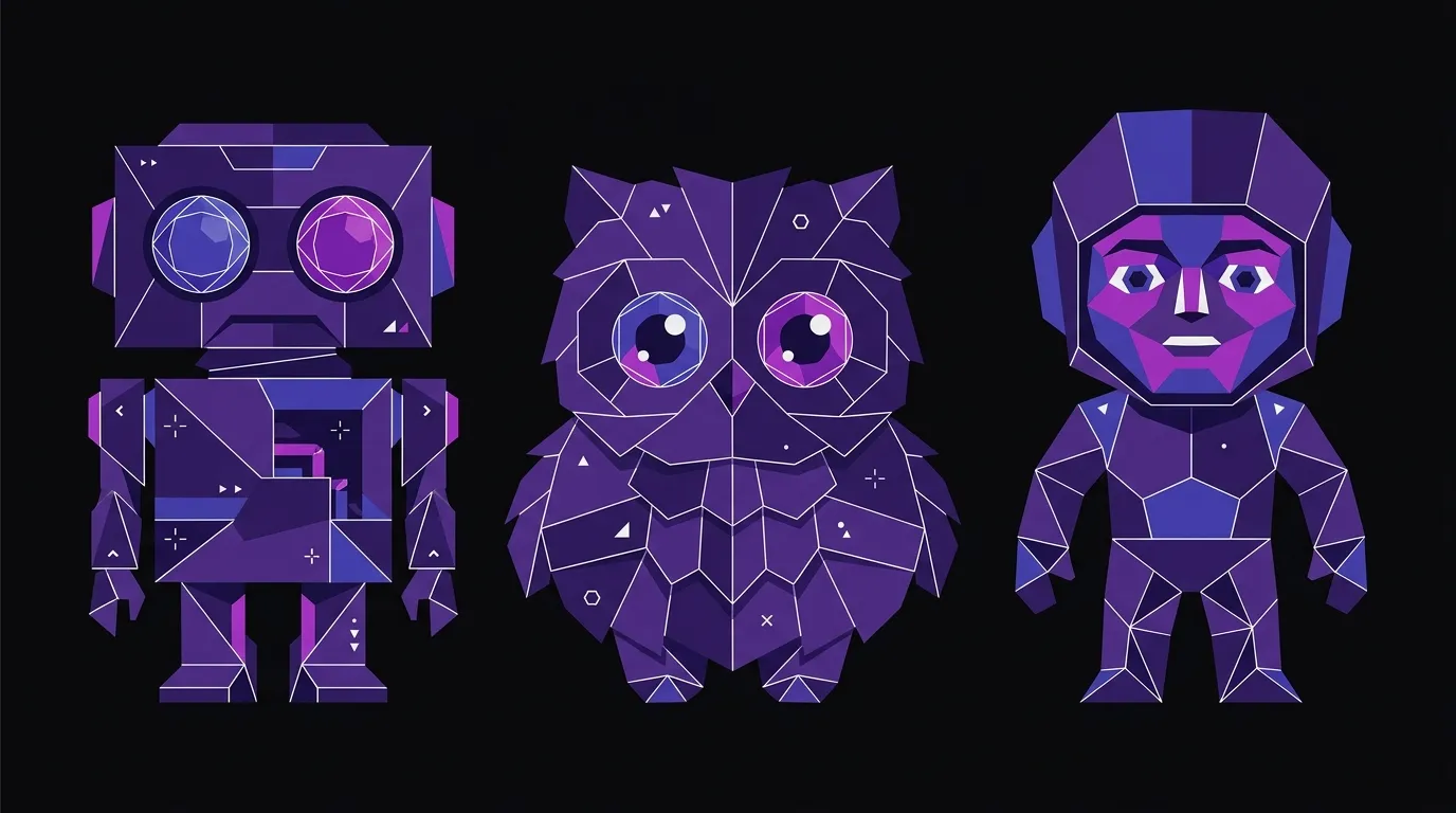 Three angular faceted AI mascot figures standing side by side, each with distinct friendly silhouettes built from geometric planes