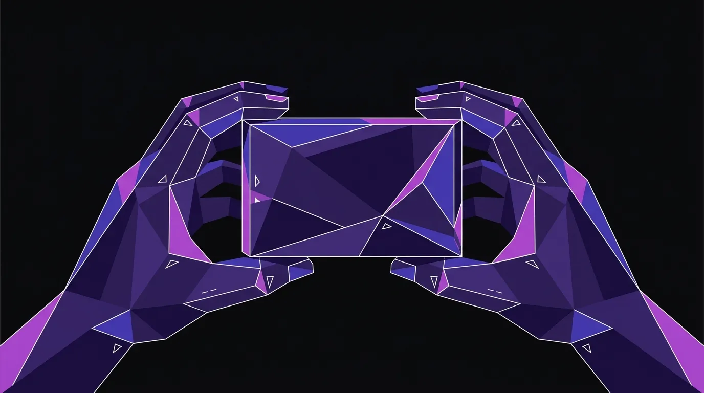 Angular faceted hands holding a small product package, built from geometric planes on a near-black background
