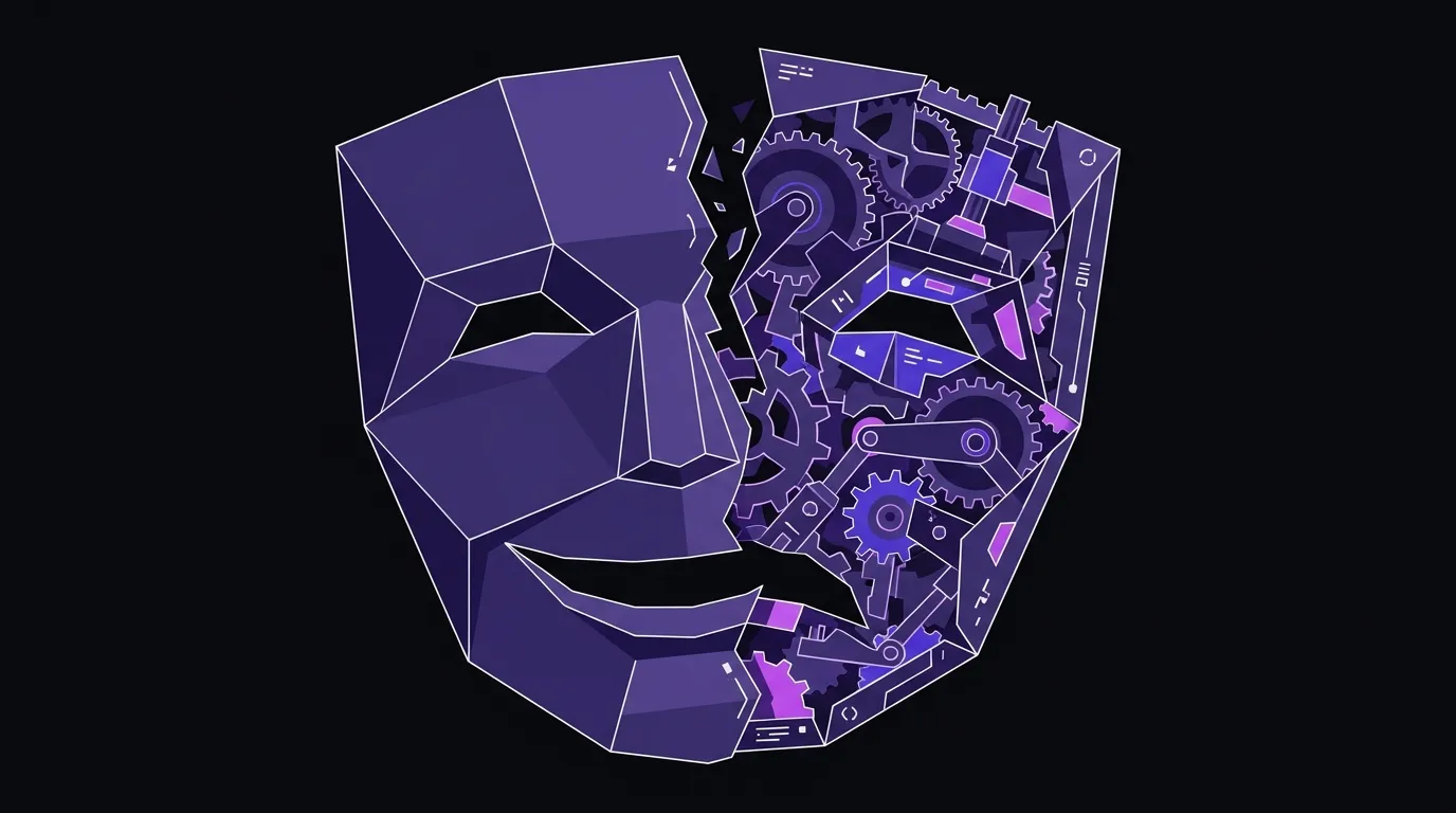 A cracked mask split down the middle revealing complex mechanical gears inside, contrasting a friendly exterior with hidden complexity