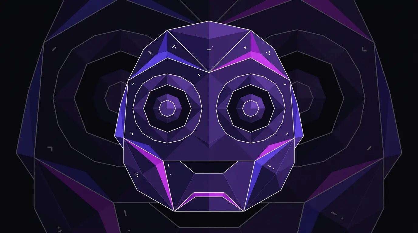 Angular faceted illustration of a cute AI mascot face with large orb eyes, built from sharp geometric planes on a near-black background