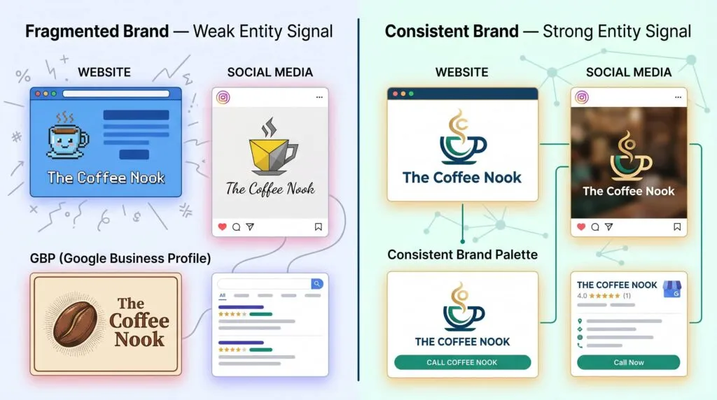 A comparison showing a fragmented small business brand presence with inconsistent visual identity across platforms versus a cohesive brand identity applied consistently, illustrating how brand consistency affects AI search entity authority