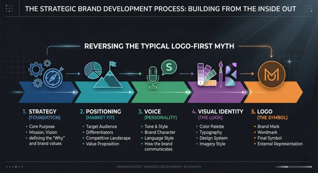 A process diagram showing the correct order for brand development: brand strategy and positioning come before visual identity and logo design, illustrating why the logo should be designed last