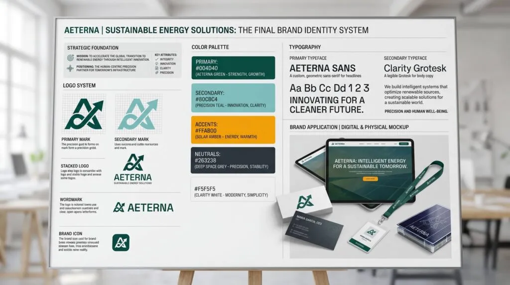 A complete brand identity system showing logo, color palette, typography, and branded applications as the result of a strategy-first brand development process for a small business