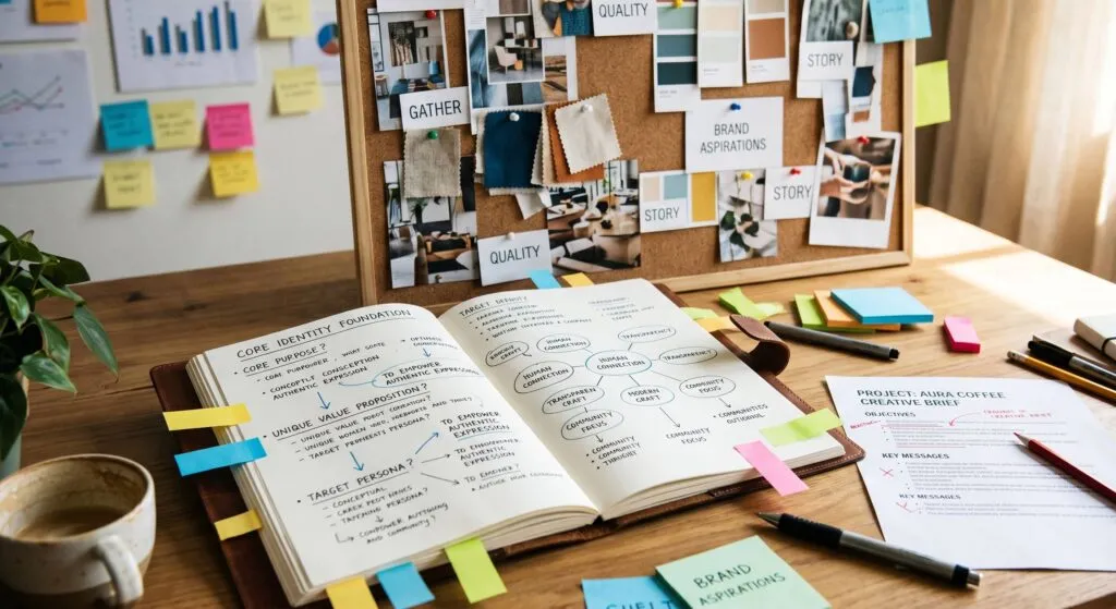 Brand strategy work in progress showing a creative brief, mood board, and positioning notes that inform logo design and visual identity development for a small business