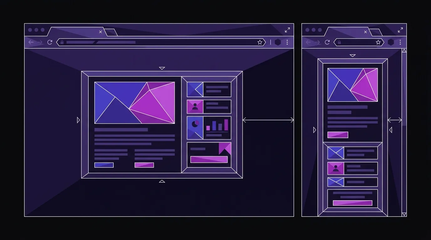 Two browser windows side by side showing the same card component adapting its layout to its container width, not the viewport