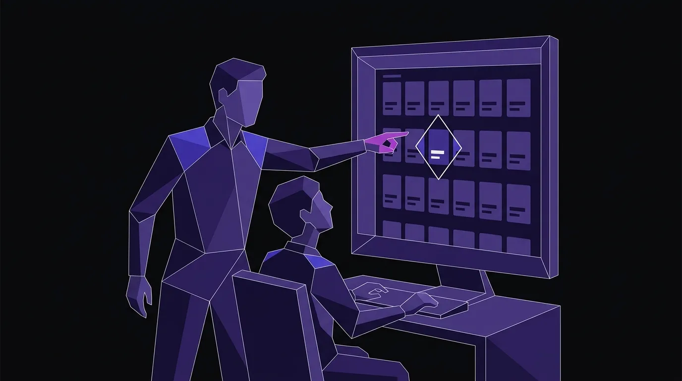 Flat vector illustration of a design leader and junior designer reviewing a wall of AI-generated variations, one highlighted