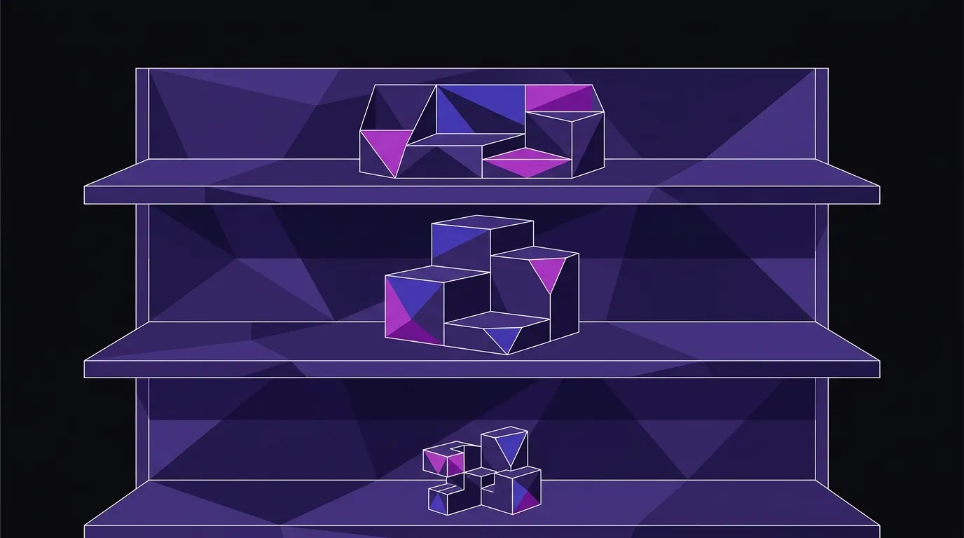 Flat vector illustration of a retail shelf holding three angular branded 3D-printed display fixtures on a near-black background.