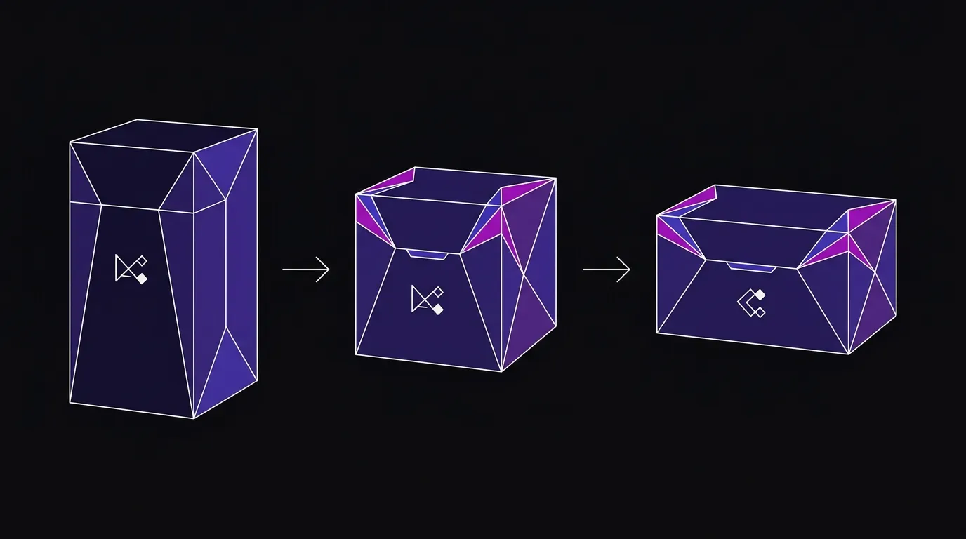 Flat vector illustration of three iterating packaging prototypes in sequence on a near-black background, showing design progression.