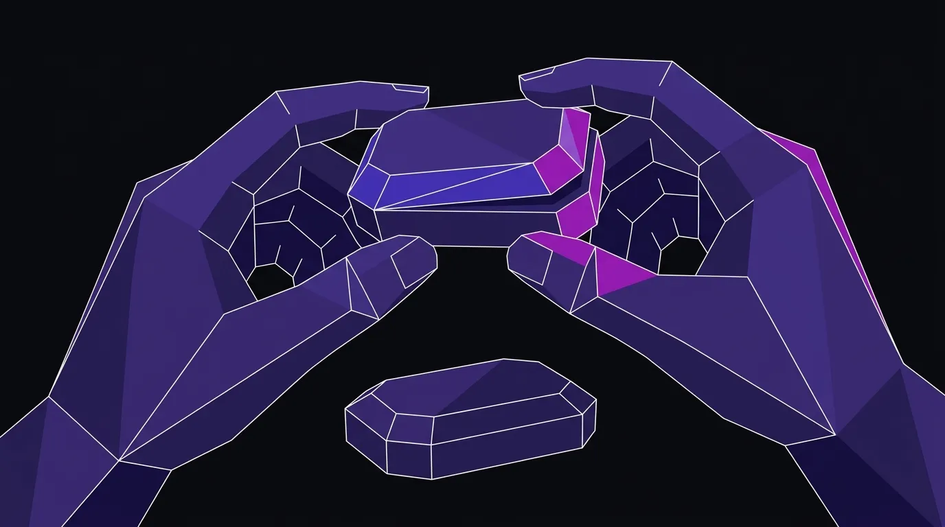 Flat vector illustration of two hands inspecting a small product prototype with a second version below, on a near-black background.