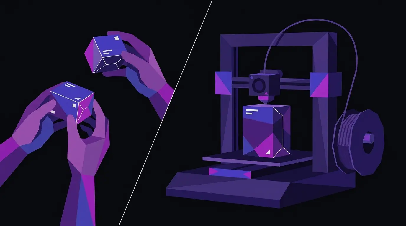 Angular flat vector illustration of an FDM 3D printer producing a prototype box while hands inspect it, on a near-black background.