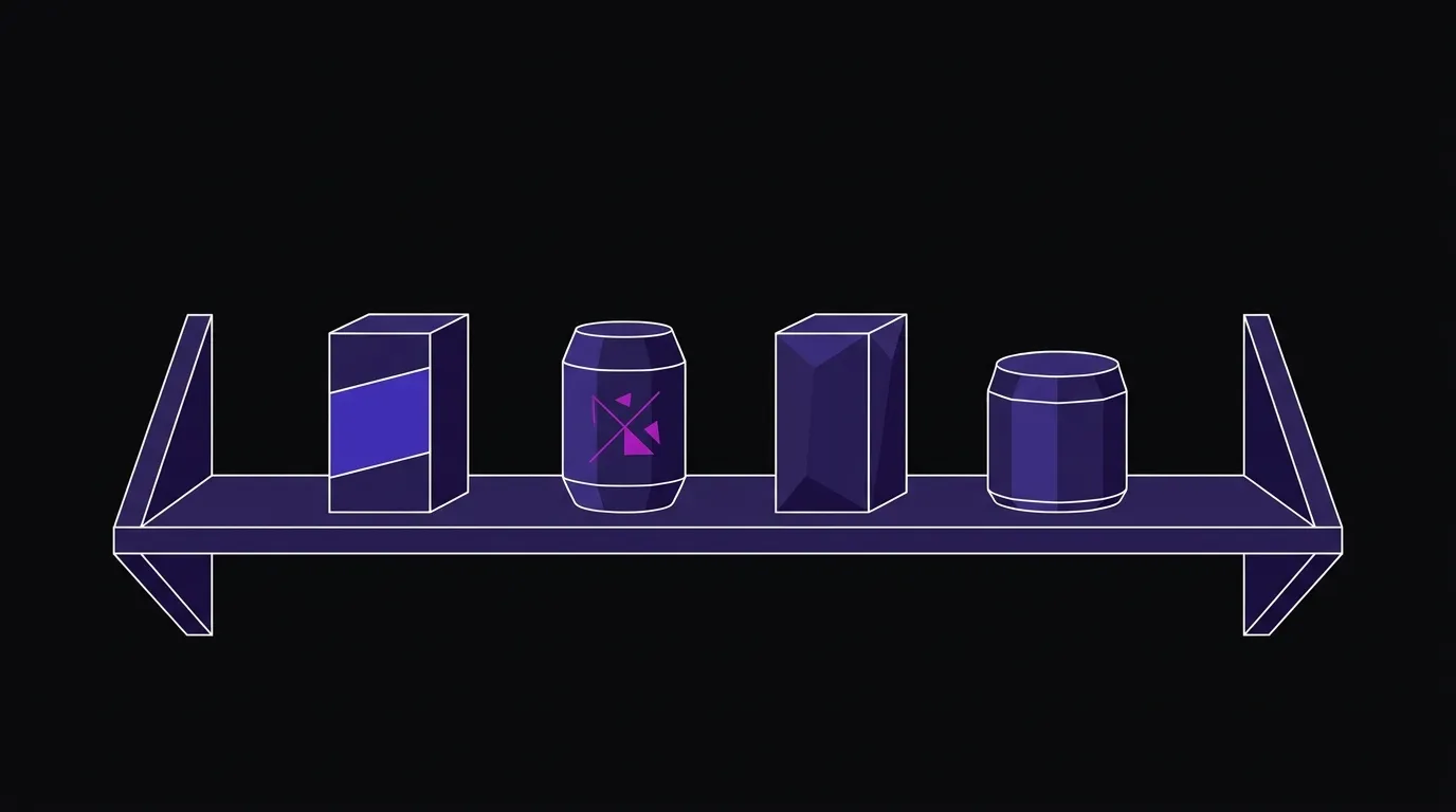 Flat vector illustration of small-batch branded product objects—boxes and cylinders—arranged on a retail shelf, built from angular facets