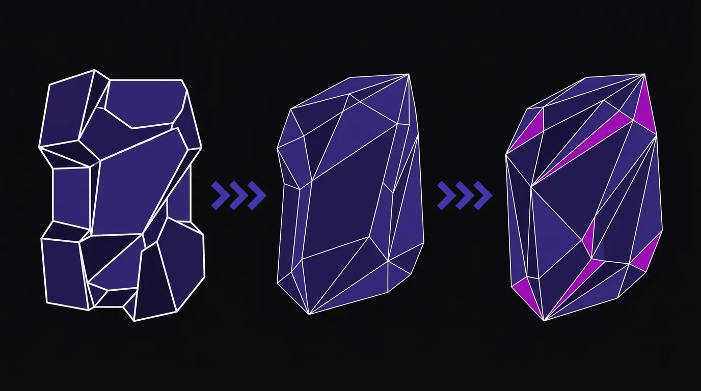 Flat vector illustration of three FDM prototype iterations side by side, showing progressive refinement from rough to resolved form