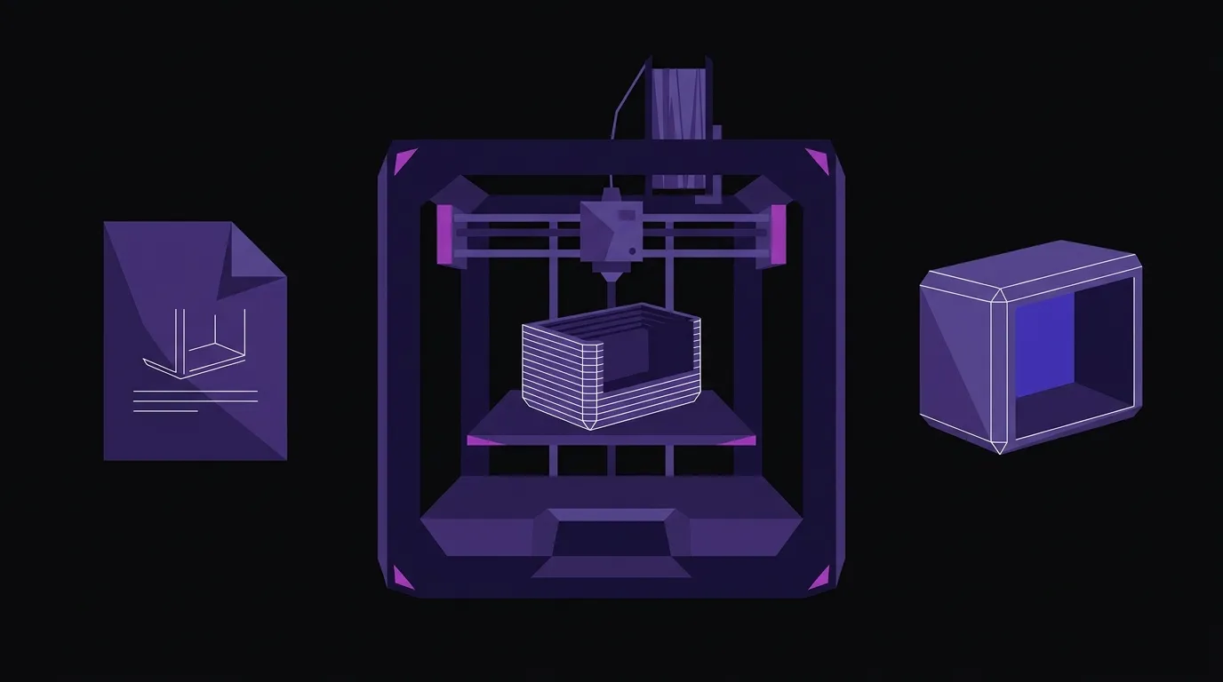 Flat vector illustration of an FDM 3D printer flanked by a design file icon and a finished prototype part, arranged left to right