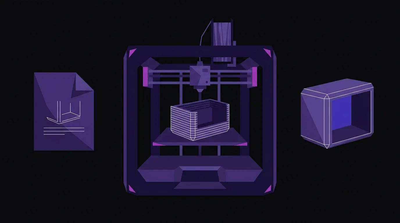 Flat vector illustration of an FDM 3D printer flanked by a design file icon and a finished prototype part, arranged left to right