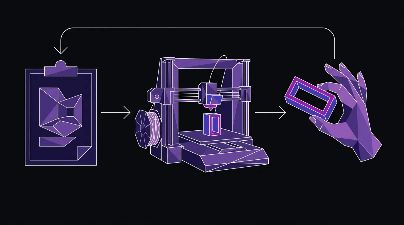 Flat vector illustration of a three-stage FDM iteration cycle: design document, 3D printer, and hand examining a printed part with a feedback arrow