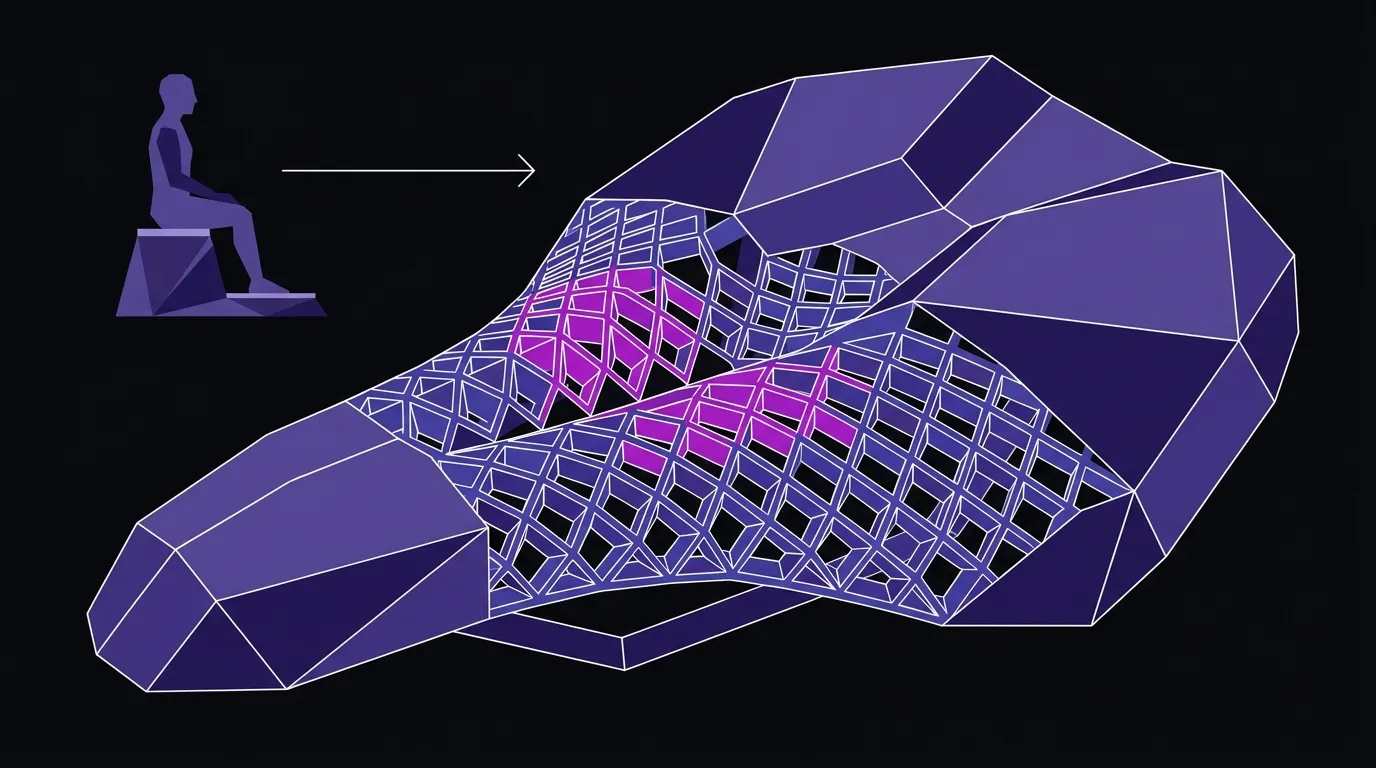 Flat vector illustration of a bicycle saddle in cross-section showing a variable-density lattice interior with a pressure-mapping figure nearby