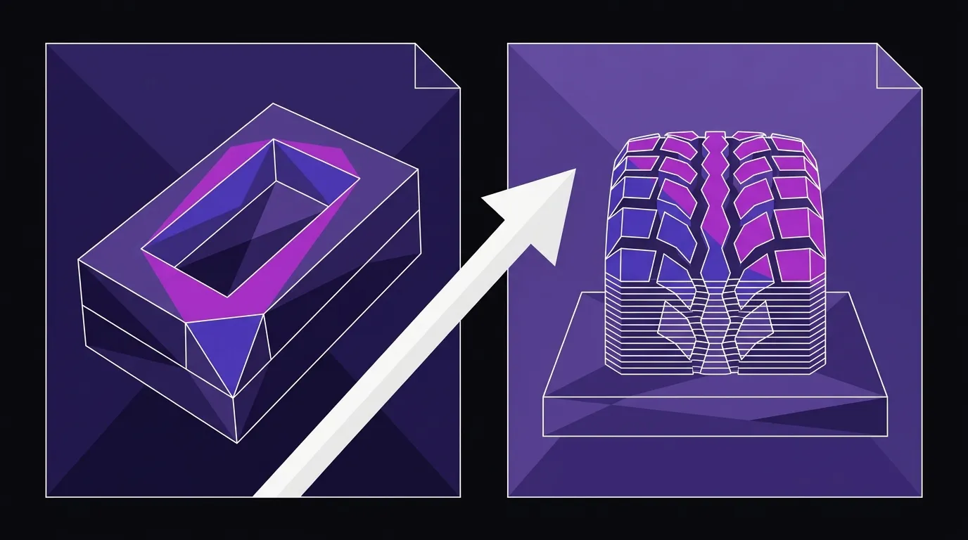 Flat vector illustration comparing a tooling mold block on the left with a 3D-printed tire tread prototype on the right