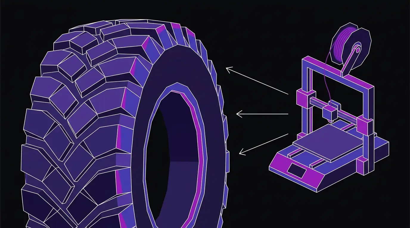 Flat vector illustration of a large faceted tire prototype beside a desktop FDM 3D printer with arrows connecting them