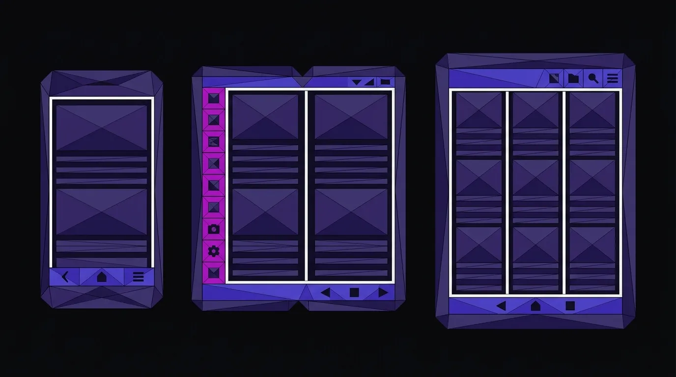 Flat vector illustration comparing three device layouts side by side: standard phone with bottom nav, foldable with side-rail nav, and tablet grid