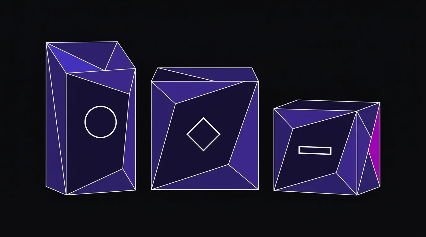 Three angular faceted product packages of different sizes standing side by side, each with a distinct geometric brand mark