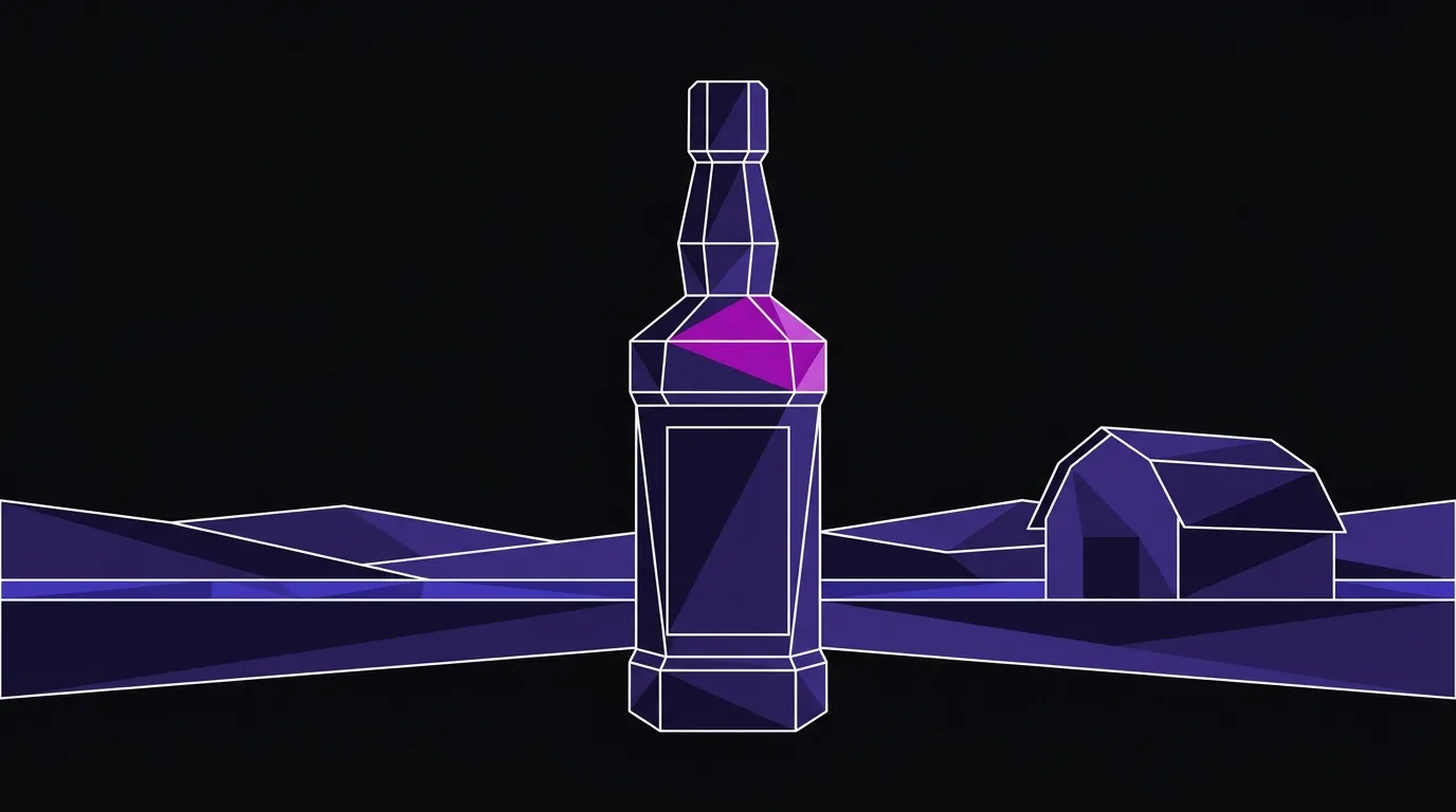 Angular faceted whisky bottle standing before a folded-paper barn and hillside landscape with a thin indigo horizon band
