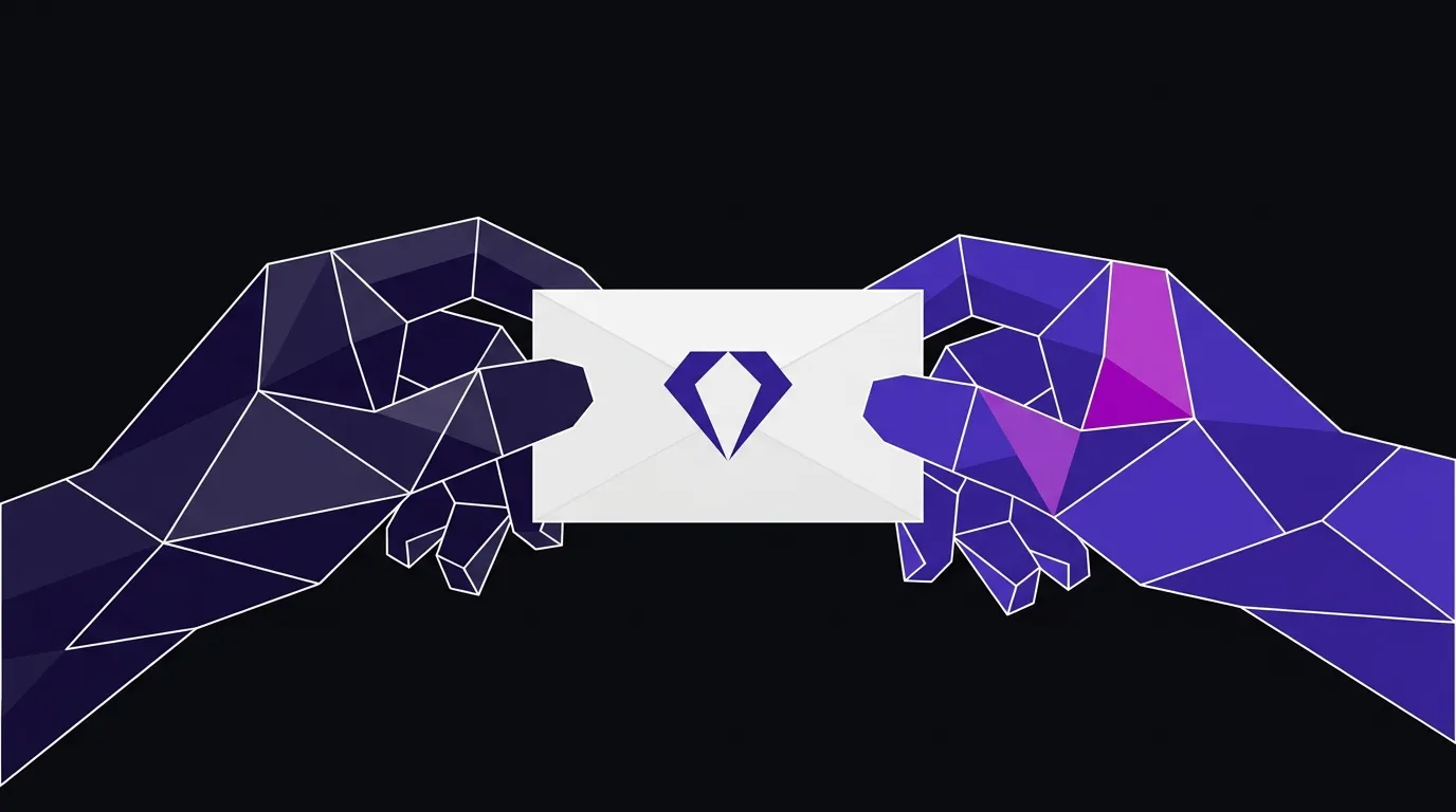 Two angular faceted hands passing a white label card with a geometric diamond mark between them